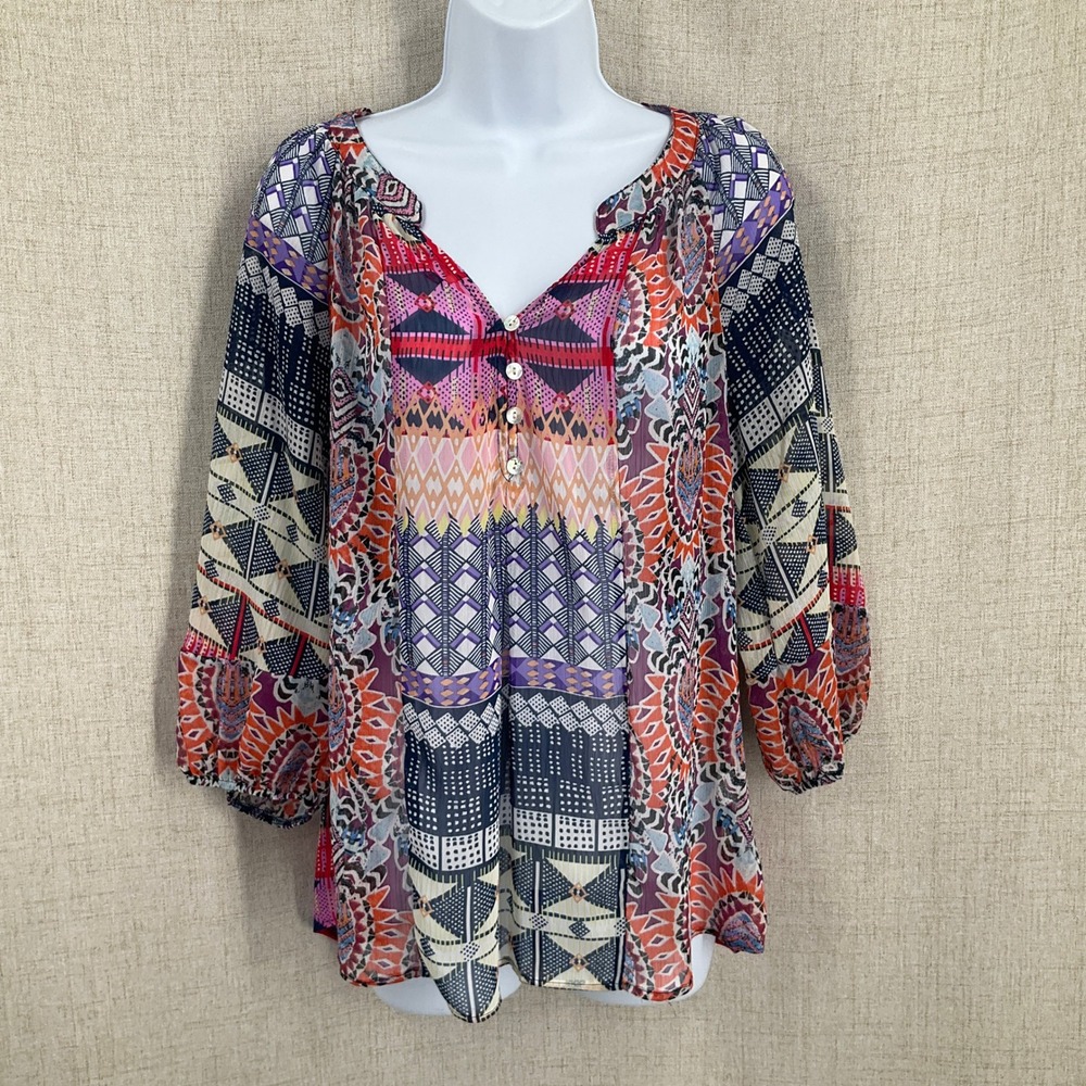 Figueroa & Flower Blouse Womens Sz M Multicolor Boho Airy Artsy Gypsy Top